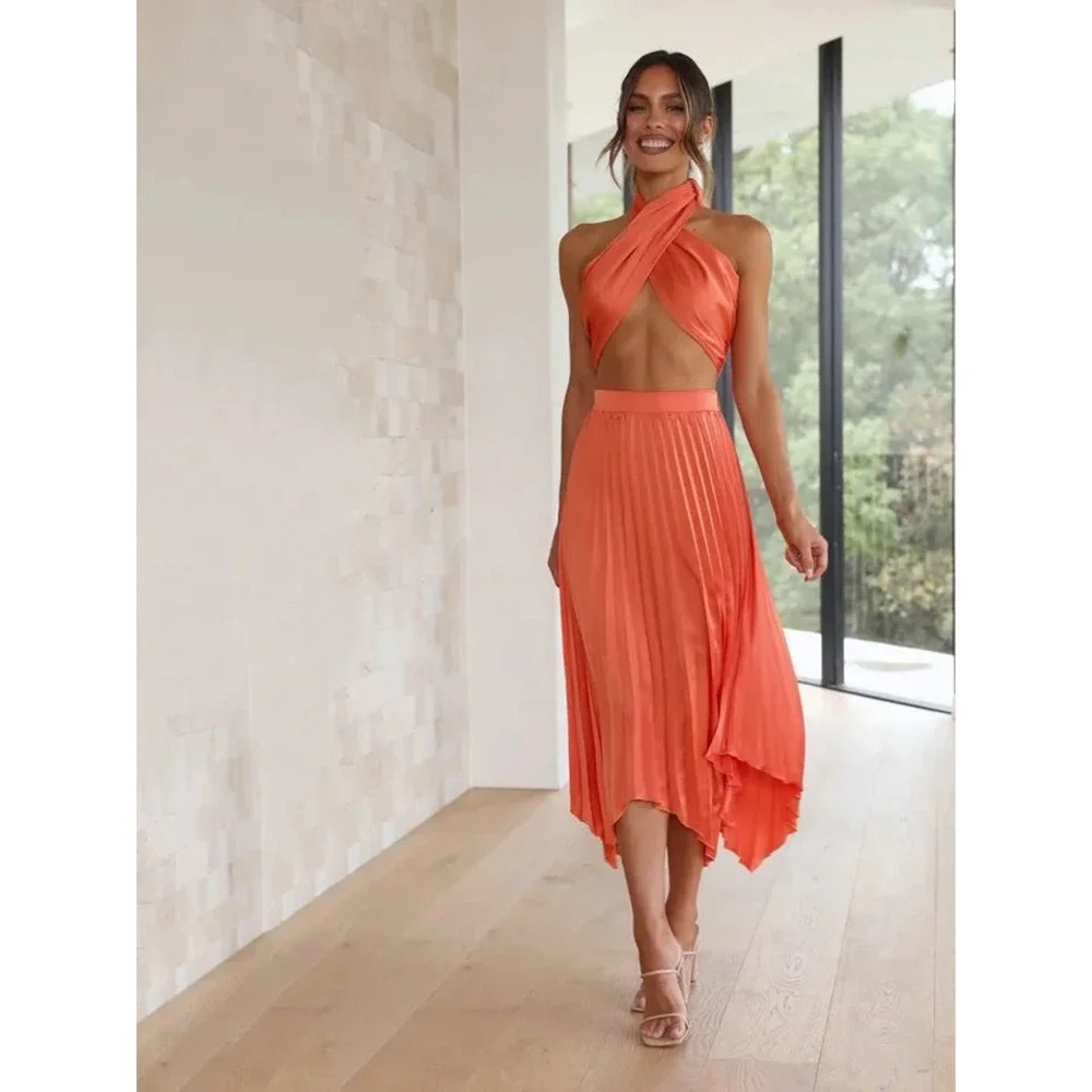 Micas Orange Pleated Two-Piece Halter Skirt Set – Elegant Summer size XL‎